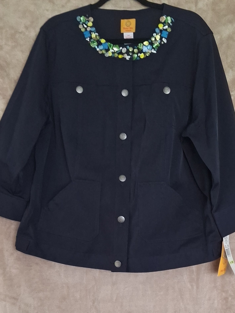 Ruby Rd. Navy Jean Style Jacket with Blue, Green and Yellow Beaded Collar